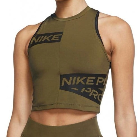 Nike Pro Training Crop Top with Logo Taping in Khaki Green - Picture 1 of 2